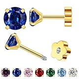 Kleine Gold Stud Flat Back Ohrringe für Frauen Mädchen, 14K Gold plattiert Cubic Zirkonia Schraube Zurück Tiny Ohrringe, Hypoallergen Flatback Zierlichen Knorpel Ohrring (Blauer Saphir)