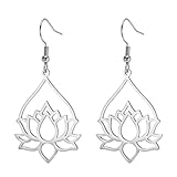 Dreamtimes Lotus Blume baumelnden Ohrringe für Frauen Ohrringe mit Heilung Charms Yoga Unalome Symbol Amulett Edelstahl Buddha Yoga-Schmuck (Silber)