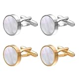 TJUSPIRIT 2 Paar Herren Manschettenknöpfe Mens Cufflinks- Silber & Gold - Runde Perlmutt-Oberfläche - Elegantes Accessoire für Business & Hochzeit