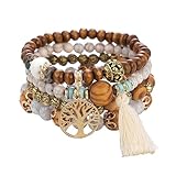 SHUBEIEUMI Boho Holzperlen Armband, 4 Stück Boho Quaste Armband für Damen, Frauen Baum des Lebens Charm Statement Armreifen, Kristall Perle, Beige