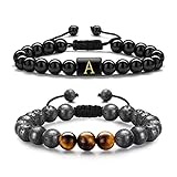 TINGN Herren Armband Tigerauge Armband, 8 mm Naturstein Armband Herren Initial Obsdian Armband Tigerauge Lavagestein Perlenarmbander für Frauen Männer Yoga Armband Geburtstagsgeschenk für Männer (A)