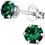 EYS JEWELRY Damen Ohrstecker 925 Sterling Silber – 5 mm runde Zirkonia Kristalle in Smaragdgrün – Klassische Silber Ohrringe für Frauen