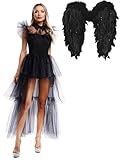 iiniim Damen Engel Kleid Schwarz Engelskostüm mit Engelsflügel Taufel Kostüm Gefallenen Engel Kleid Gothic Kleid Halloween Karneval Fasching Kostüm Schwarz S