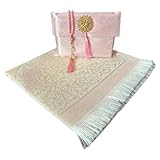 Muslimischer Gebetsteppich und Perlen Mit Elegantem Slub Stoffbeutel | Janamaz | Sajadah | Weicher Islamischer Teppich | Islamische & Mawlid Geschenke | Matte Taftstoff (Rosa)