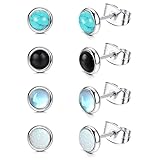 JeweBella 4 Paare Mondstein Opal Türkis Kleine Ohrstecker Set Chirurgenstahl für Damen Mädchen Kinder Hypoallergene Runde Edelstein Ohrstecker Blau Schwarz Mondstein Opal Türkis Ohrringe Set 4MM/6MM