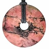 Lebensquelle Plus Rhodonit Edelstein Donut | Ø 40 mm + Baumwollband | Edelstein Anhänger | Echte Heilsteinkette inkl. Band