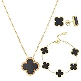 18k Vergoldet VierbläTtriges Kleeblatt Schmuckset VierbläTtriges Kleeblatt Halskette Ohrringe Armband VierbläTtriges GlüCksklee Schmuckset FüR Damen Und MäDchen für Muttertags,Valentinstag,Schwarz