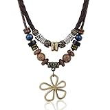 Mikovivi Mehrlagige Boho Halskette mit Holzperlen, Bohemian Hippie-Stil Halskette mit Hohlem Blumenanhänger Vintage Schmuckaccessoires im Ethnischen Stammesstil für Damen und Herren