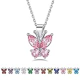 Bestyle Schmetterling Anhänger mit Geburtsstein Oktober, 925 Silber Ketten für Damen, Rosenquarz Halskette Echter Stein Butterfly Crystal Necklace, Kristall Kettenanhänger Heilstein Schmuck