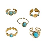 XFSRG 5 Stück Boho Ring Gold Damen mit Ovalen türkisen Edelstein Wasserfest Stapelbar Ring Set Hypoallergen Geschenk Damen Schmuck
