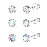 CASSIECA 3 Paar 925 Sterling Silber Ohrstecker für Damen Mädchen Kinder - Mondstein, Opal, Zirkonia Ohrringe Set - Winzig Klein, Hypoallergen, CZ Piercing Schmuck Geschenk - 4mm