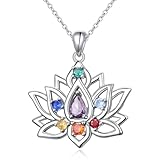 Flyow Lotus Chakra Halskette 925 Sterling Silber 7 Chakra Anhänger Halskette Yoga Lotusblume Kette Schmuck Geschenke für Damen