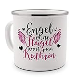 printplanet - Emaille-Tasse mit Namen Kathrin - Metallbecher mit Design Engel - Nostalgie-Becher, Camping-Tasse, Blechtasse, Farbe Silber, 400ml