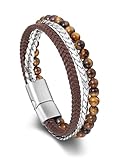 PiercingJak Herren Armband Tigerauge Steine Lederarmband für Männer Armreif aus Braun geflochten Echtleder Edelstahl Heilsteine Perlen Charm Schmuck Spirituelle Geschenke für Mann Junge, 22cm