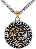 Viking Odin Wolf Fenrir Anhänger Halskette - Wikinger Schmuck für Herren, nordische Mythologie Amulett Men's Gold & Silver Stainless Steel Vegvisir Rune Celtic Jewellery Gift