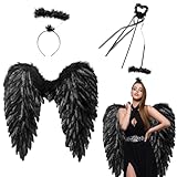 Yi'antai 60cm Engelsflügel Schwarz, Engel Flügel mit Heiligenschein, Gefallener Engel mit Zauberstab, Engel und Teufel Flügel Kostüm Damen, Kostüm Engel für Party Fasching Deko