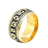 HIJONES Herren Edelstahl Buddhist Mantra Gebet Drehbarer Ring Tibetisch Om Mani Padme Hum Band 11mm Schwarz Vergoldet Größe 57