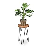 Relaxdays Blumenhocker, Akazienholz, rund, für Blumentöpfe, Pflanzkübel, Retro Blumenständer HD: 42x25 cm, braun/schwarz