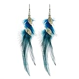 fdsmall Feder Ohrringe für Frauen - Böhmische Fransen Quaste Lange Tropfen Dangle Set - Ethnische Bunte Faux Feder Ohrringe (Blue)