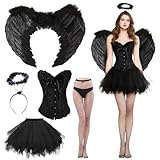 Shengruili Engel Kostüm,Engel und Teufel Flügel Kostüm,Engels Flügel Kostüm,Engel Kostüm Damen mit Heiligenschein,Engelsflügel Schwarz Engel Flügel für Halloween Karneval Cosplay Party