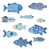 WATUNID 10 Stück Fisch-Wanddekoration, Hölzerne Nautische Dekoration Ozean Wandkunst Hängende Dekoration, Küsten-Dekor Blaue Fisch-Skulptur Ornamente für See Haus Haus Badezimmer Schlafzimmer