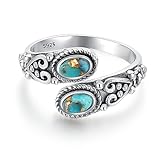 BONLAVIE Doppelstein Türkis Ring, Vintage Heart Vine Ring Damen, Silberringe Damen 925, Offener Ring Silber 925, Verstellbarer Ring, Einstellbare Größe 52(16.6)-57(18.1)