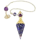 KYEYGWO Lapis Lazuli Sechseckiger Kristall Pendel mit Trommelsteine, Hexagonal Edelstein Anhänger Reiki Chakra-Pendel Lotus Perlen Kette für Meditation Wahrsagen Hypnose