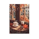 Moderner Kunstdruck auf Leinwand, Motiv: Lebensposter, Heilungsstil, Herbst, Kaffee, Fensterblick, Dekoration, 30 x 45 cm, ungerahmter Stil