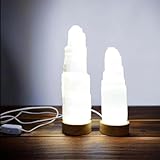 Handgefertigte USB-LED-Weißlicht-Selenit-Kristalllampe mit Holzsockel: Natürliche Energie, Heilung, Klarheit, Meditation, Dekoration (15cm)