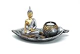 Buddha Set mit Blattschale Teelichthalter Dekofigur inklusive Deko-Steinen zur Meditation