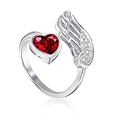 Qings Granat Januar Geburtsstein Ringe Sterling Silber Damen Verstellbarer Birthstone Flügel Feder Rot Herz Zirkonia Verlobungsring Eheringe Geburtsstein Schmuck für Frau Freundin Mädchen