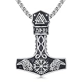 Twoowl Mjolnir Halskette Sterling Silber Wikinger Kompass Anhänger Thor Hammer Rabe Nordische Runen Vegvisir Amulett Schmuck Geschenke für Frauen Männer