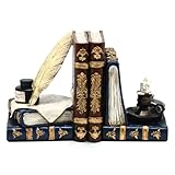 Vintage Buchstützen mit Einzigartige Wizard Federkiel Stift Tintenfass und Kerzenhalter, Antiken Stil Buchstützen, Hochbelastbare Bücherstützen für Regale Magische Heimdekoration