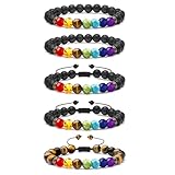 LABOTA 5 Stück Chakra Armband Echte Steine, Lava Stein Armbänder, 7 Farben Chakra Perlen Tigerauge Natürlich Heilstein Verstellbare Öl Diffusor Armbänder Unisex