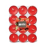 Müller Teelichte Duftkerzen – 39 × 15 mm – Brenndauer 4 Stunden – Wachskerzen – Anti-Tropf, Aluminiumbehälter (Erdbeere, 24 Stück), Rot