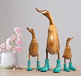 Rikmani - Holzfigur Ente Stiefel TÜRKIS 100% Natur Original - Handgefertigte Figur aus Holz 26 cm