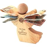 Geldengel mit Gravur - Holz Engel mit Name, Spruch, Motiv - als Geldgeschenk für Taufe, Kommunion, Konfirmation, Hochzeit - Holzengel für Geldscheine aus Erle, Höhe ca. 15,5 cm