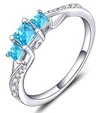 YL Verlobungsring 925 Sterling Silber Prinzessin geschnitten März Geburtsstein Aquamarinblau 3 Stein Ehering für Damen Braut(Größe 56）