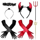Zkaoai Teufel Engel Kostüm Damen mit Teufelshörner, Engel Teufel Kostüm Halloween Karnevals, Rot Teufelshörner Haarreif Teufelhörner Handschuhe teufelkostüm Mädchen Halloween Fasching Cosplay