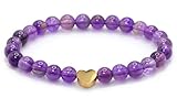 Echtes Amethyst Edelstein Armband mit 6mm Perlen und Edelstahlherz - verschiedene Längen - Heilstein Schutzstein Talisman Glücksbringer Geschenk (Amethyst, 18CM)