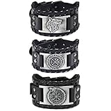 Sehaby 3 Stücke Schwarz Wikinger Leder Armbänder Nordischer Wolf Kopf Armreifen Vintage Runenkompass Armbänder Mittelalter Drachen Kopf Kompass Armbänder für Damen Herren, One Size, Metall