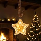 LED Glas Weihnachtsstern silber zum Hängen mit Timer - Ø 20 cm - Stern Dekohänger warm weiß beleuchtet Batterie betrieben - Glasstern Dekoleuchte Weihnachten Advent Winter Fensterdeko