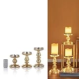 (Gold/3) 3er Set Kerzenständer/Kerzenhalter mit LED-Beleuchtung und Timer. Wählbar in Gold oder Silber, Geeignet für Stumpenkerzen…