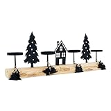 Advents Kerzenständer auf Baumstamm mit Schattenbild - 41 cm - Kerzenhalter mit Baum und Haus Silhouetten aus Metall - Weihnachten Tisch Deko Ständer für Stumpenkerzen Kerzenleuchter rustikal