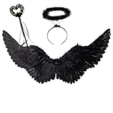 Winwild 3er Engelsflügel Schwarz mit Heiligenschein & Zauberstab Set,75 cm Schwarzer Flügel Engel Teufel Kostüm Damen Accessoires für Halloween Karneval Cosplay Party Fasching Verkleidung Erwachsene