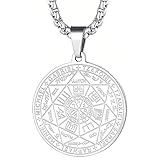 KSJEHW Halskette Herren 7 Erzengel Siegel Medaille Talisman Halskette für Männer Frauen Edelstahl Pentagramm Talisman Anhänger Amulett Magische Schutzkette Männlicher Schmuck Glücksbringer(Silber)