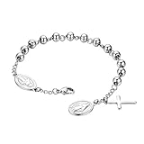 Flongo Rosenkranz Herren Armband Damen Armkette Kette, Edelstahl Kugelkette Armreif Silber Jungfrau Maria Heilige Maria Mutter Gottes mit Kreuz Medallion Anhänger