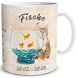 TRIOSK Tasse Katze lustig mit Spruch Sternzeichen Fische Katzenmotiv Horoskop Geschenk für Katzenliebhaber Geburtstag Frauen Freundin