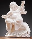 QINLANG Kleine weiße lachende Buddha-Statue aus Keramik für Glück, Happy Buddha Statue sitzend auf Geldtasche für Glück und Wohlstand