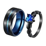 Wycian Aquamarin Ring, Freundschaftsringe Edelstahl Schwarz Herz Zirkonia Verlobungsring Saphir Blaue Ringe Verlobung Partner 8mm Trauringe Paarpreis Titan